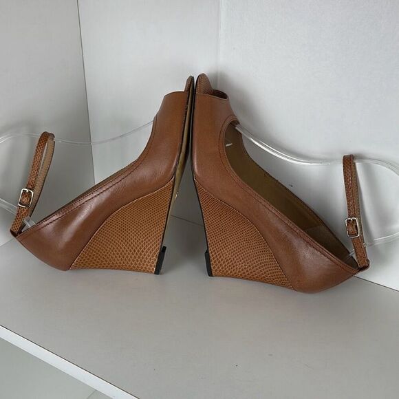 Ann Taylor Leather Mary Jane Open Toe Wedges 7 Cognac - Picture 11 of 11